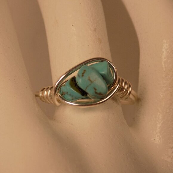 Hand Crafted Jewelry - Turquoise stone chip hand wrapped ring size 8.5